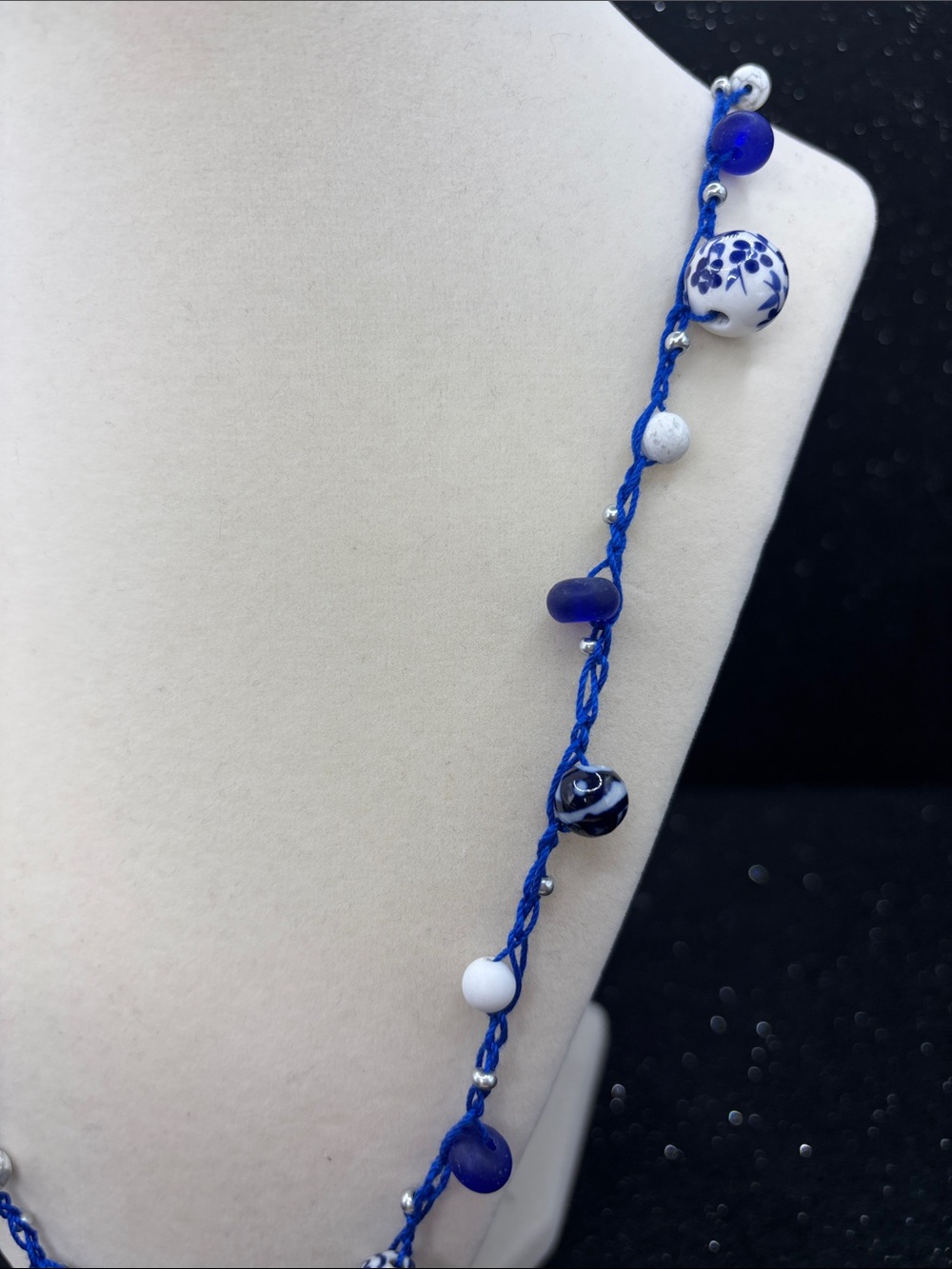 Blue Beaded Crochet Necklace | Blue & White Glass Bead Necklace - Picture 3 of 4